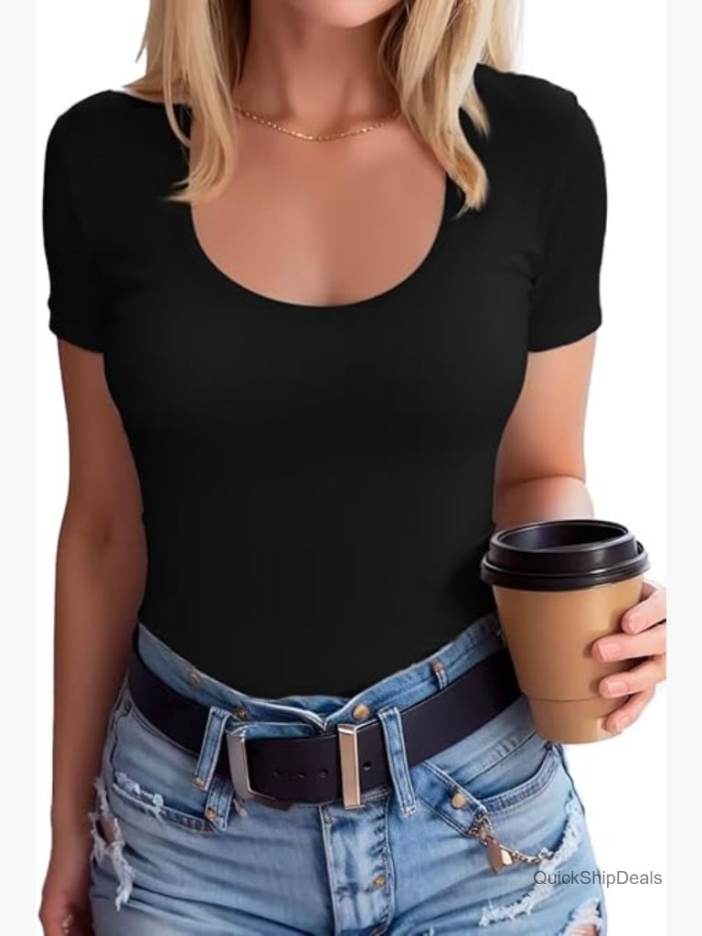 Scoop Neck Ribbed Slim Fit T-Shirt Short Sleeve Summer Top